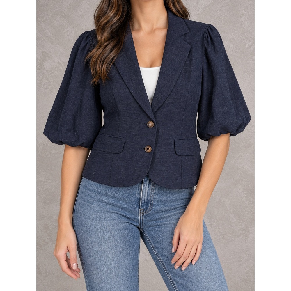 Dolan Left Coast Collection Cotton Linen Blazer Womens Small Navy Balloon Sleeve